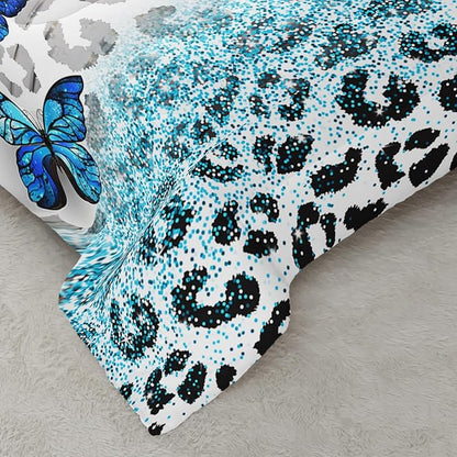 Blue Butterfly Comforter Set for Girls Full Size, Black and White Leopard Print Comforter with 2 Pillowcases, Wild Animal Theme Home Decoration