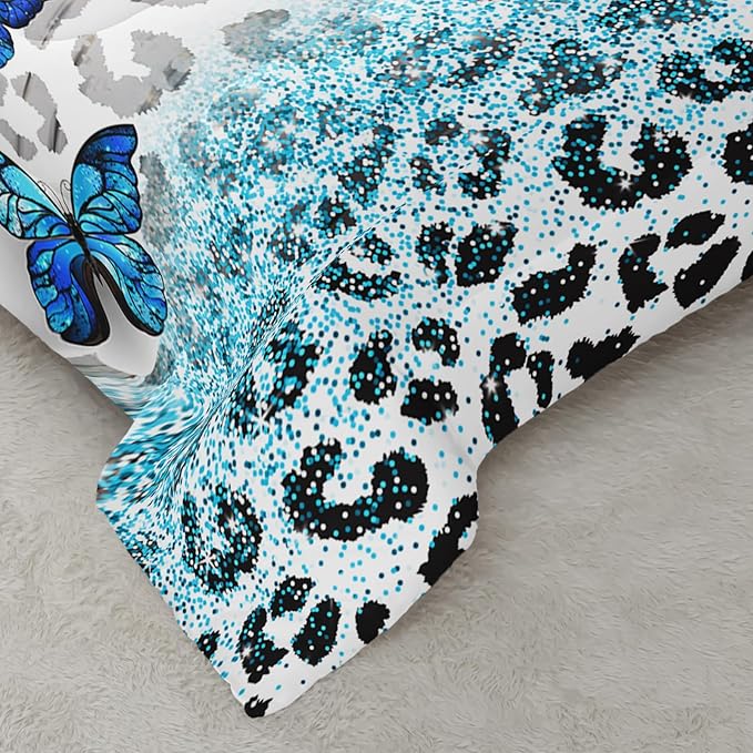 Blue Butterfly Comforter Set for Girls Twin Size, Black and White Leopard Print Comforter with 2 Pillowcases, Wild Animal Theme Home Decoration