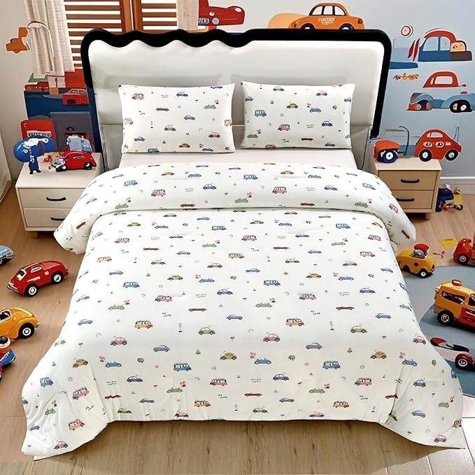 SDIII Cute Cars Comforter Set Queen 3 Pieces, Silky Breathable Microfiber and Spandex, Cartoon Cars Bedding Queen Size for Boys Girls Kids and Teens