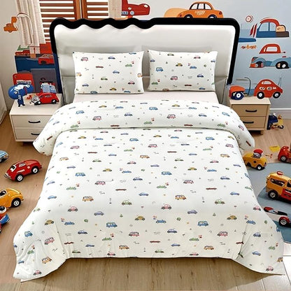 SDIII Cute Cars Comforter Set Queen 3 Pieces, Silky Breathable Microfiber and Spandex, Cartoon Cars Bedding Queen Size for Boys Girls Kids and Teens