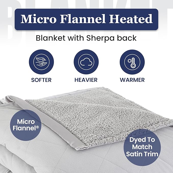 Thermee Micro Flannel Heated Blanket with Sherpa Back, 10-Setting Programmable Electric Blanket, Ultra-Soft King Size Heated Throw - Slate Grey