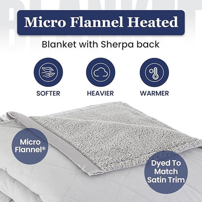 Thermee Micro Flannel Heated Blanket with Sherpa Back, 10-Setting Programmable Electric Blanket, Ultra-Soft King Size Heated Throw - Slate Grey