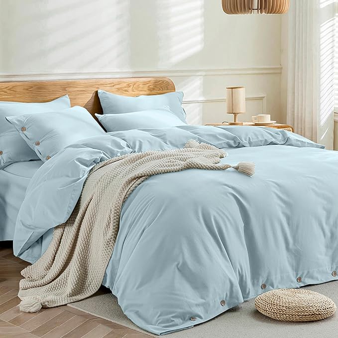 JELLYMONI Cotton Duvet Cover King Size - Light Blue Comforter Cover with Button 100% Washed Cotton 3PCS Breathable Soft Solid Bedding Set Duvet Cover 104×90in & 2 Pillowcases (NO Comforter)