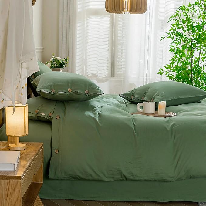 JELLYMONI Cotton Duvet Cover Full Size - Green Comforter Cover with Button 100% Washed Cotton 3PCS Breathable Soft Solid Bedding Set Duvet Cover 80×90in & 2 Pillowcases (NO Comforter)