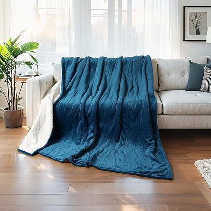 Electric Heated Blanket Throw Size 50"x60", 5 Heat Settings- 3H Auto Shut Off Flannel Material&Sheepskin Fabric, Machine Washable, Lake Blue&White