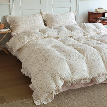 BuLuTu Elegant Pink Floral Ruffled Duvet Cover Full for Kids Teens Adults, 100% Muslin Cotton Comforter Cover with Pillow Cases, Soft Breathable Quilt Cover, Zipper Closure and 4 Corner Ties