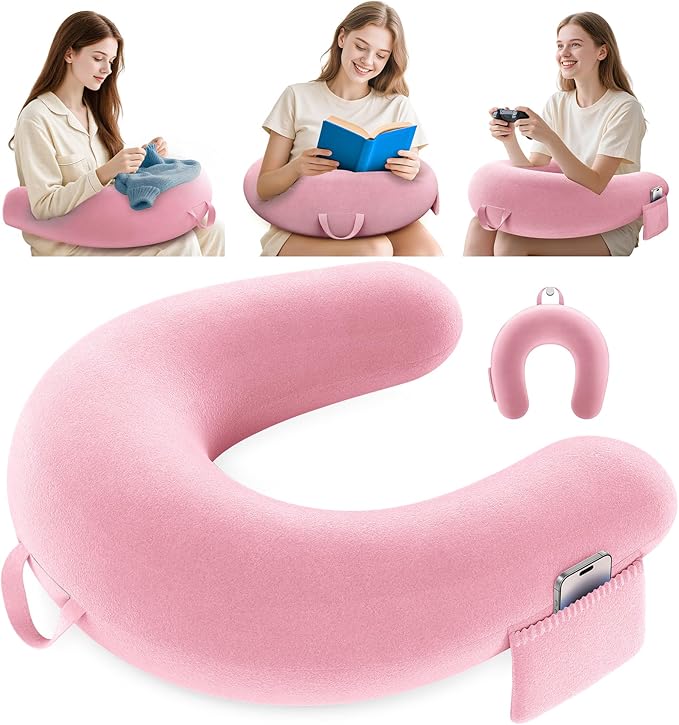 Crochet & Reading Pillow for Lap Support, Gaming Lap Desk Pillow, Sitting on The Bed/Sofa/Floor for Knitting, Large & Ergonomic Arm Rest Support, Pet Bed for Ipad/Laptop/Kindle - Pink