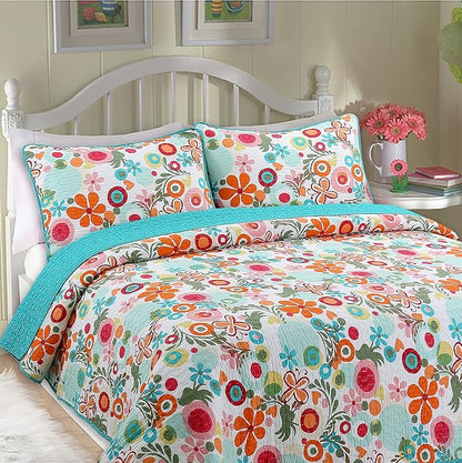 Cozy Line Home Fashions Pink Green Blue Orange Colorful Floral Whimsy 100% Cotton Reversible Girl Quilt Bedding Set, Coverlet, Bedspread (Twin - 2 Piece: 1 Quilt + 1 Standard Sham)