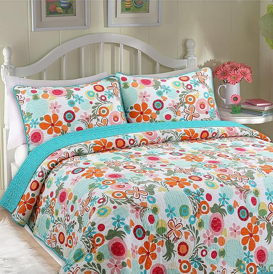 Cozy Line Home Fashions Pink Green Blue Orange Colorful Floral Whimsy 100% Cotton Reversible Girl Quilt Bedding Set, Coverlet, Bedspread (Twin - 2 Piece: 1 Quilt + 1 Standard Sham)