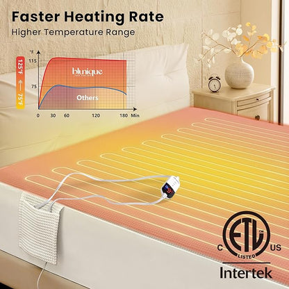 Electric Heated Mattress Pad Twin Size Single Control Bed Warmer, Deep Pocket, Side Storage Pouch for Controller, Machine Washable, Waffle Jacquard, 39"x75", White