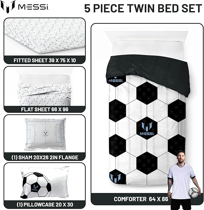 Jay Franco Kids Comforter Set Includes Sheets and Pillow Cover - Soft and Cozy Bed Set for Stylish Room Décor, White - Lionel Messi, 5 Piece Twin