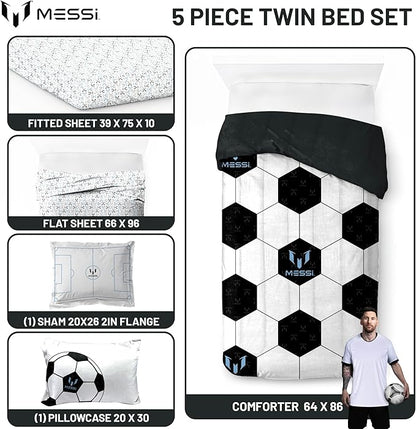Jay Franco Kids Comforter Set Includes Sheets and Pillow Cover - Soft and Cozy Bed Set for Stylish Room Décor, White - Lionel Messi, 5 Piece Twin