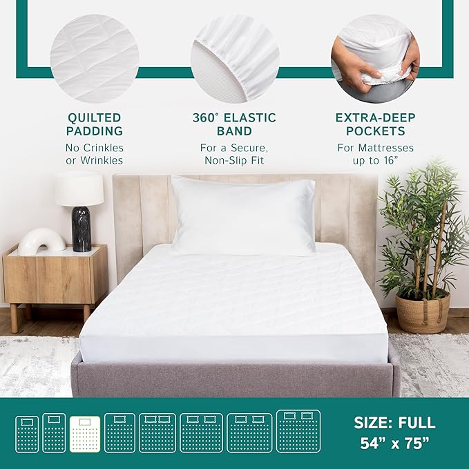 Full Size Quilted Mattress Pad - Fitted Waterproof Mattress Protector, Pillow Top Mattress Topper, Premium Quality Hypoallergenic Mattress Cover