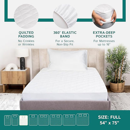 Full Size Quilted Mattress Pad - Fitted Waterproof Mattress Protector, Pillow Top Mattress Topper, Premium Quality Hypoallergenic Mattress Cover