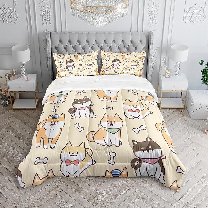 Kawaii Cartoon Corgi Dog Animal Themed 3Pcs Comforter Full Yellow Black Dogs Pattern Bedding for Kids Teens Girls Boys Cute White Bone Quilt Bed Decor Set with 1 Comforter and 2 Pillowcases