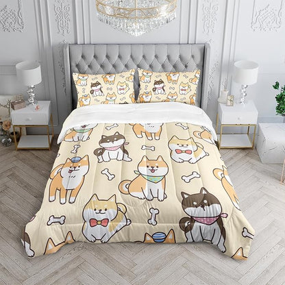 Kawaii Cartoon Corgi Dog Animal Themed 3Pcs Comforter Full Yellow Black Dogs Pattern Bedding for Kids Teens Girls Boys Cute White Bone Quilt Bed Decor Set with 1 Comforter and 2 Pillowcases