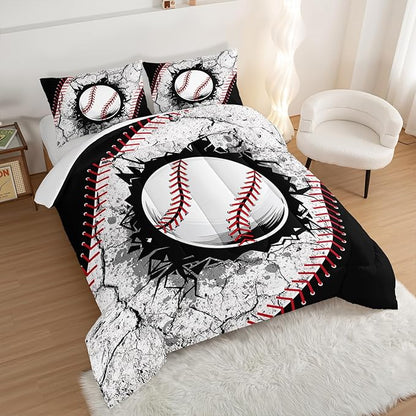 Baseball Comforter Sports Bedding Sets for Boys,Sports Gamer Bedding Set for Kids Girls Boys Room Decor,Black White Baseball Printed Full Bed Comforter Set with 2 Pillowcases.