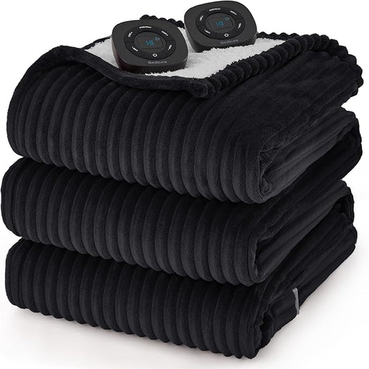 Bedsure GentleSoft Electric Blanket King Size - Soft Ribbed Flannel Heated Blanket with Dual Control, Heating with 10 Heat Settings & 10 Time Settings, 8 hrs Timer Auto Shut Off (90x100 inches, Black)