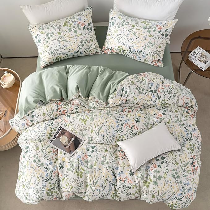 King Duvet Cover Cotton Floral 100% Soft Cotton 3 Pieces Bedding Set for Girls Fresh Chic Garden Style Green Botanical Floral Pattern Printed King Flowers Duvet Cover, with Zipper Closure