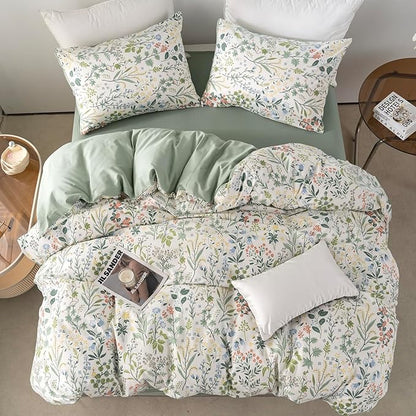 King Duvet Cover Cotton Floral 100% Soft Cotton 3 Pieces Bedding Set for Girls Fresh Chic Garden Style Green Botanical Floral Pattern Printed King Flowers Duvet Cover, with Zipper Closure