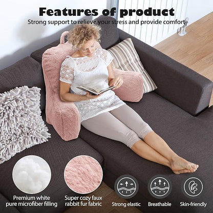 Reading Pillow Large Bed Pillow,Backrest Pillow with Arms, Back Support for Sitting Up in Bed, Couch for Lounging Bedrest,Pink