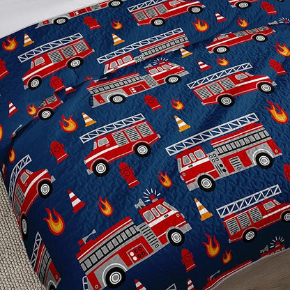 QOOMO Fire Truck Quilt Set King Size,Fire Truck Bedspread Coverlet Set,Truck 3Pcs Bedding Set Printed Quilt with 2 Pillowcases,Soft and Lightweight,for All Seasons