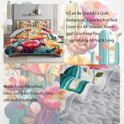 AILONEN Cactus Quilt King Size Bedding Set & 2 Pillowcases,Colorful Floral Plants Bedspread Coverlet,3Pcs Desert Botanical Quilt Set for Boys Girls,All Season