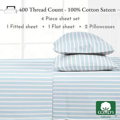 California Design Den Full Size Bed Sheets Set - 400 Thread Count Sateen, Natural 100% Cotton Sheets, Deep Pocket and Durable Bedding Set - Cape Stripe