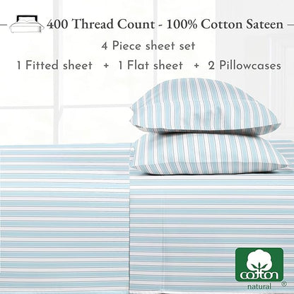 California Design Den California King Sheet Sets - 400 Thread Count Sateen, Natural 100% Cotton Sheets Set, Deep Pocket and Durable Bedding - Cape Stripe