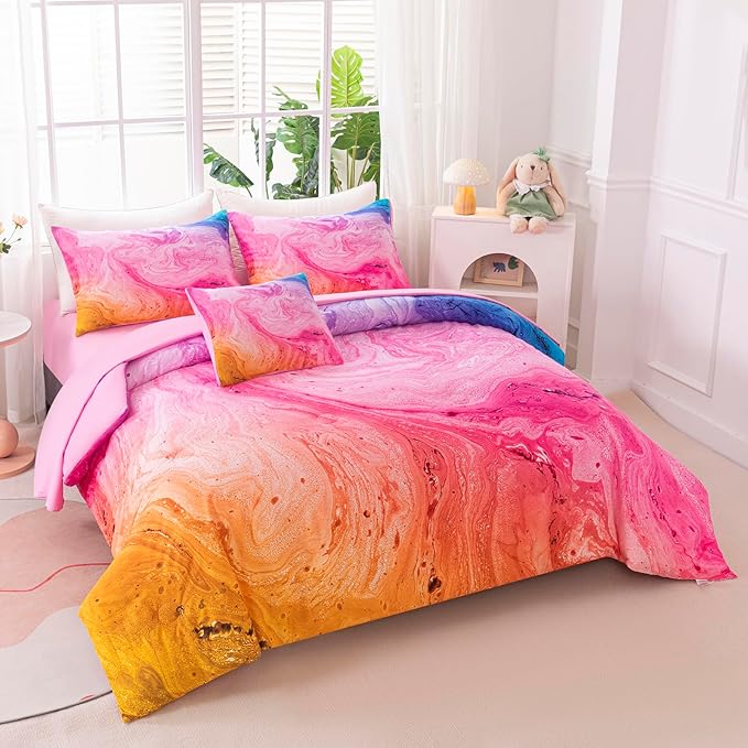 4Pcs Tie Dye Twin Comforter Set for Girls Kids, Watercolor Marble Abstract Art Pink Bedding Sets Twin Bed in A Bag (1 Comforter, 1 Flat Sheet, 2 Pillowcases)