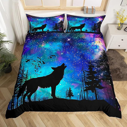 Castle Fairy Blue Galaxy Bedding Set Queen Size,Wolf Animal Trees Silhouette Duvet Cover Set for Children Xmas Bedroom Present, Stars Nebula Space Microfiber Comforter Cover with 2 Pillowcases, Soft