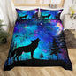 Castle Fairy Blue Galaxy Duvet Cover Set Twin Size,Wolf Animal Trees Silhouette Comforter Cover for Kids Boys Bedroom Xmas Gift,Stars Nebula Space Bedding Set with 1 Pillowcase Bedspread, Soft
