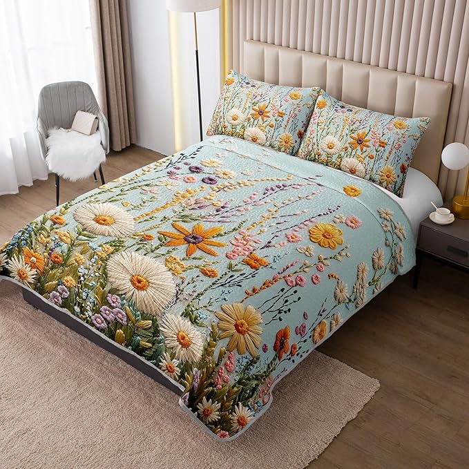 QOOMO Flower Quilt Set Full/Queen Size,Floral Bedspread Coverlet Set,Embroidered Flower 3Pcs Bedding Set Printed Quilt with 2 Pillowcases,Soft and Lightweight,for All Seasons