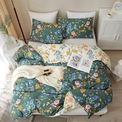 Floral Duvet Cover Queen Size Vintage Floral On Green Bedding Set 3 Pieces Women Men Romantic Pink Blue Flower Ultra Soft Reversible Fall Duver Cover with 2 Pillowcases