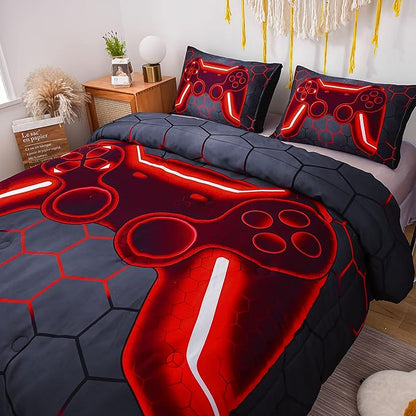 NTBED Game Console Comforter Set for Boys Girls Kids Geometric Lightweight Microfiber Gaming Bedding Sets (red, Twin)
