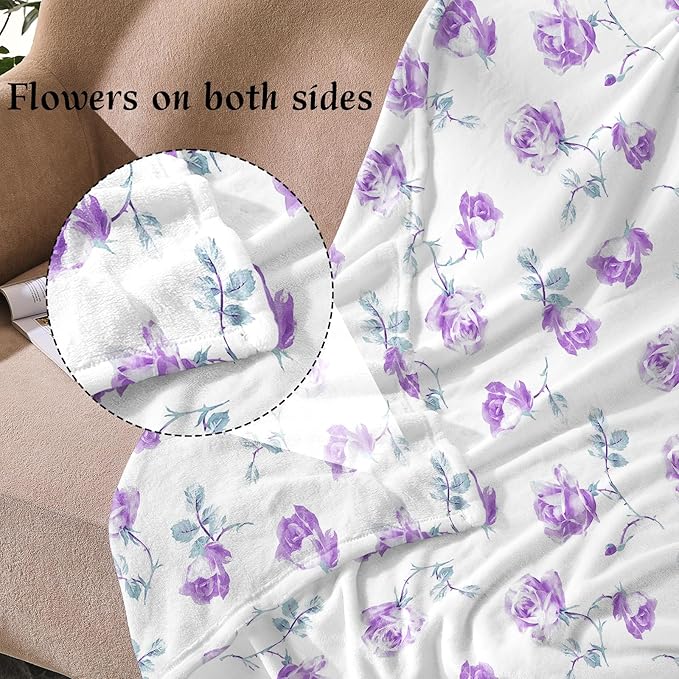 Floral Throw Blanket Birthday Gift for Women Mom Girls Purple Flowers Blanket Summer Wildflower Flannel Blanket Watercolor Printed Throw for Couch Sofa Bed Chair 60"x80"