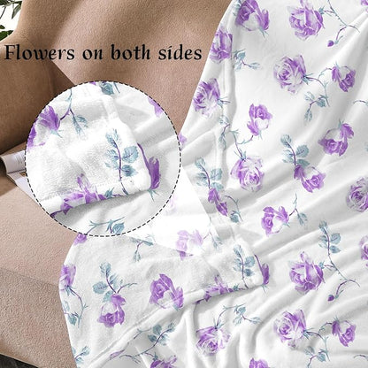 Floral Throw Blanket Birthday Gift for Women Mom Girls Purple Flowers Blanket Summer Wildflower Flannel Blanket Watercolor Printed Throw for Couch Sofa Bed Chair 60"x80"
