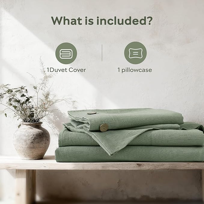 JELLYMONI Cotton Duvet Cover Twin Size - Sage Green Comforter Cover with Button 100% Washed Cotton 2PCS Breathable Soft Solid Bedding Set Duvet Cover 68×90in & 1 Pillowcases (NO Comforter)