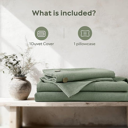 JELLYMONI Cotton Duvet Cover Twin Size - Sage Green Comforter Cover with Button 100% Washed Cotton 2PCS Breathable Soft Solid Bedding Set Duvet Cover 68×90in & 1 Pillowcases (NO Comforter)
