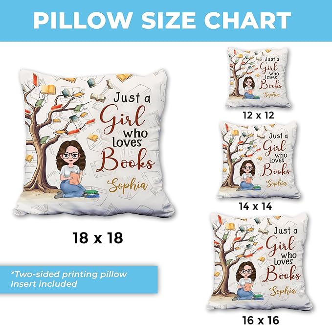 Hyturtle Personalized Book Pillow (Insert Included) Gifts for Girls Book Lovers, Reading Club Librarian on Birthday, Just A Girl Who Loves Books Custom Name Couch Cushion Decor Throw Pillow