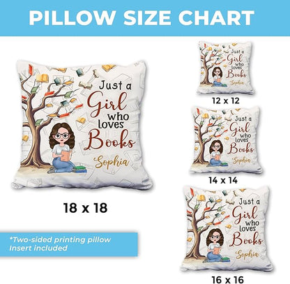 Hyturtle Personalized Book Pillow (Insert Included) Gifts for Girls Book Lovers, Reading Club Librarian on Birthday, Just A Girl Who Loves Books Custom Name Couch Cushion Decor Throw Pillow