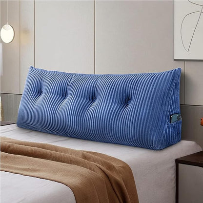 SLIGUY Large Headboard Pillow, Headboard Wedge Pillow Bed Rest Reading Pillow Bolster Triangular for Sitting in Bed-Backrest Positioning Support Long Pillow for Daybed (Full: 54x8x20 Inches,Blue)
