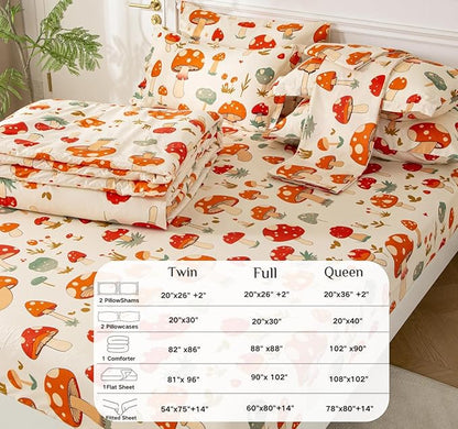SDY 7 Piece Bedding Set Full,Cute Mushroom Bedding Set for Boys Girls Kids Bed in a Bag with Mushroom Sheets Comforter PillowSham Pillowcase