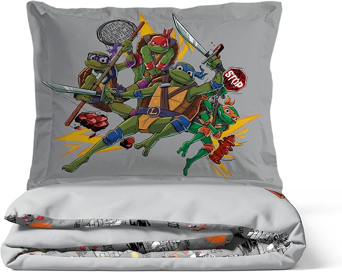 Jay Franco Duvet Cover Set – 3 Piece Comforter Cover and Sham Set, Super Soft Cozy Kids Bedding (Insert Not Included) Grey - Teenage Mutant Ninja Turtles, Twin
