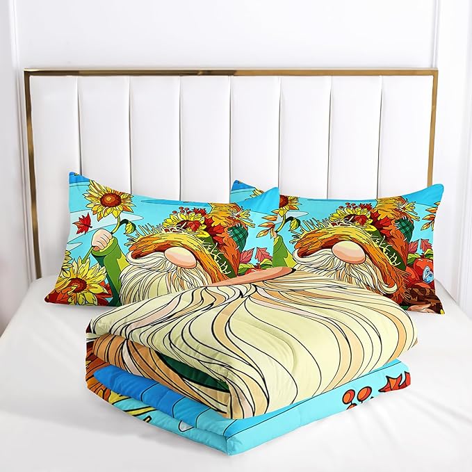 Sunflower Gnome Comforter Set Full Size, Sunflower Bedding Set for Kids Boys Girl, Yellow Comforter for Home Room Decor