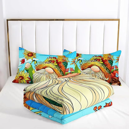 Sunflower Gnome Comforter Set Twin Size, Sunflower Bedding Set for Kids Boys Girl, Yellow Comforter for Home Room Decor
