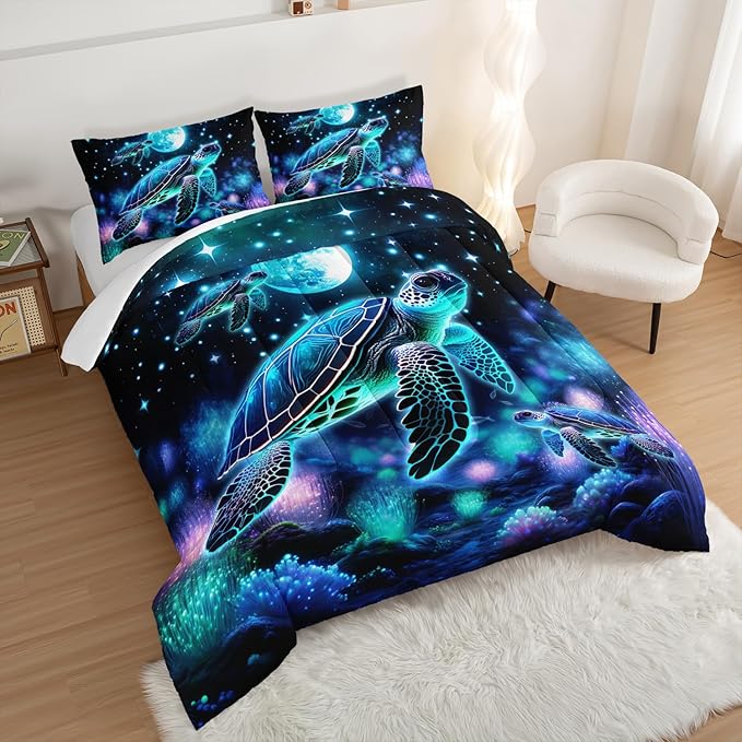 Sea Turtle Comforter Kids Bedding Set Twin Size,Glowing Waterweed Moon Flash Print Comforter Set for Kids Teens Boys Girls Room Decor,Nautical Reptile Animal Bedding Set with 2 Pillowcases.
