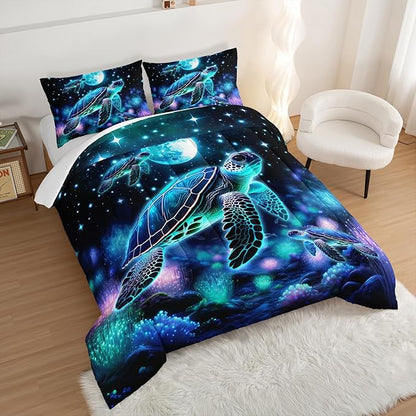 Sea Turtle Comforter Kids Bedding Set Twin Size,Glowing Waterweed Moon Flash Print Comforter Set for Kids Teens Boys Girls Room Decor,Nautical Reptile Animal Bedding Set with 2 Pillowcases.