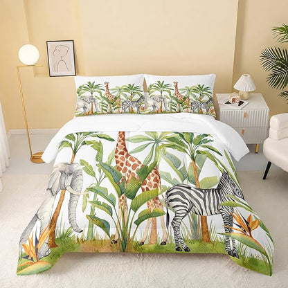 QOOMO Wild Animal Comforter Queen Size,Elephant Giraffe Zebra Kids Bedding Set,3Pcs Bedding Set Printed Comforter with 2 Pillowcases,Down Alternative,Soft and Lightweight,for All Seasons