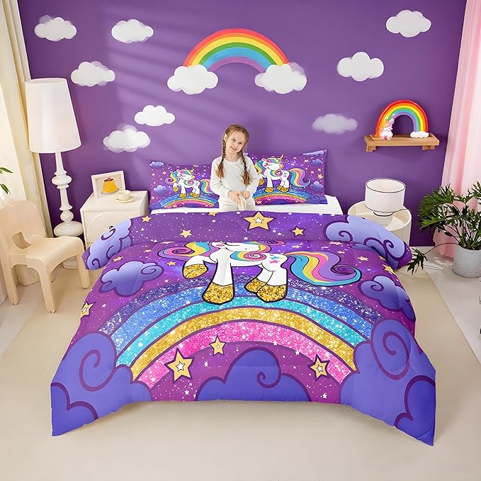 Feelyou Unicorn Bedding Full Bed Sets for Girls Purple Cute Unicorn Comforter for Girls Comforter Set Star Print Kawaii Duvet Quilt Bedroom Decor Rainbow Bedding Cartoon Quilt,All Season